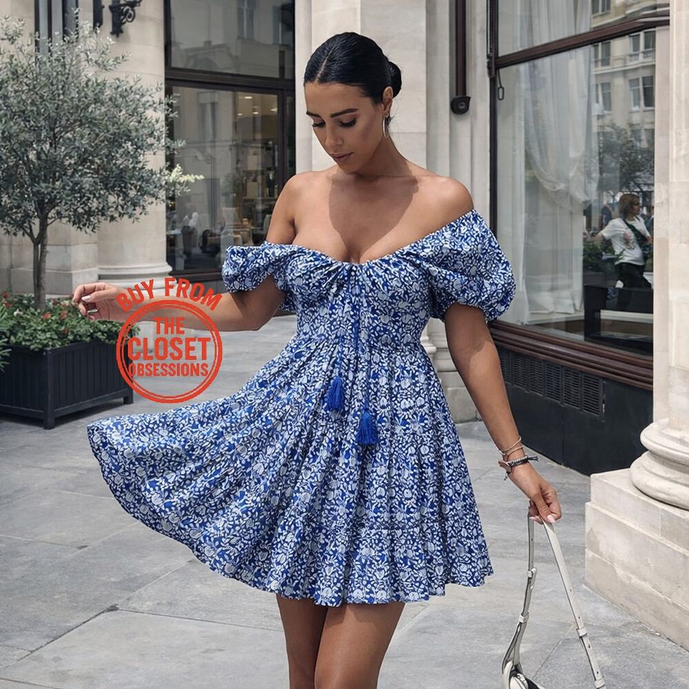 Zara NWT Blue White Cotton Floral Smocked Mini Dress M L - Picture 7 of 16
